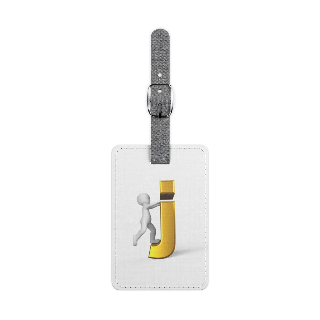 3D Stick Figure Pushing Gold Letter J Luggage Tag | Rectangle