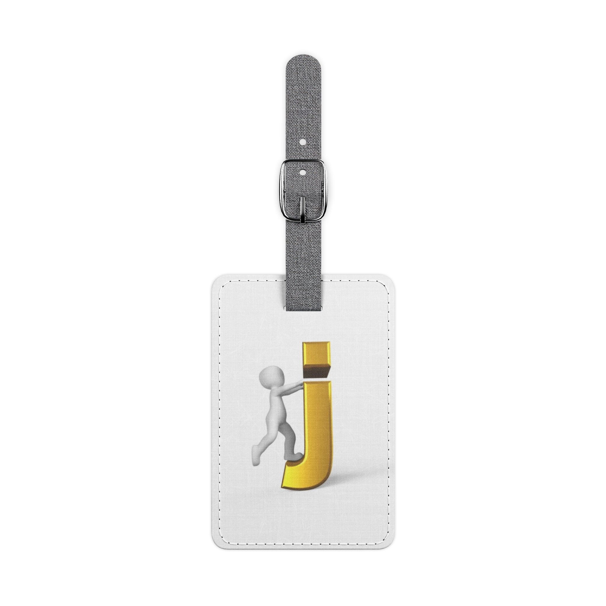 3D Stick Figure Pushing Gold Letter J Luggage Tag | Rectangle