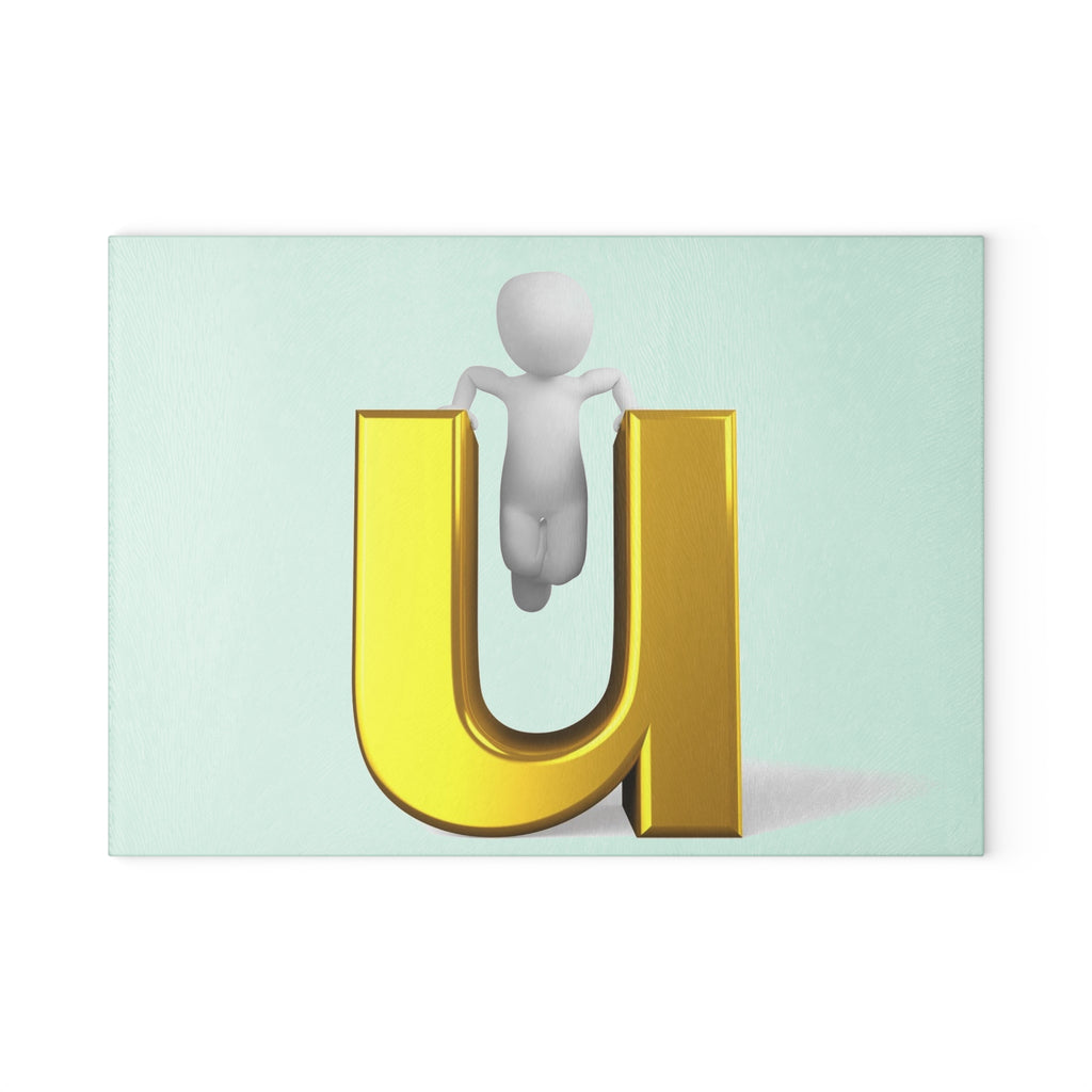 3D Gold Letter U with Figure Glass Cutting Board | Monogram Initial Kitchen Decor
