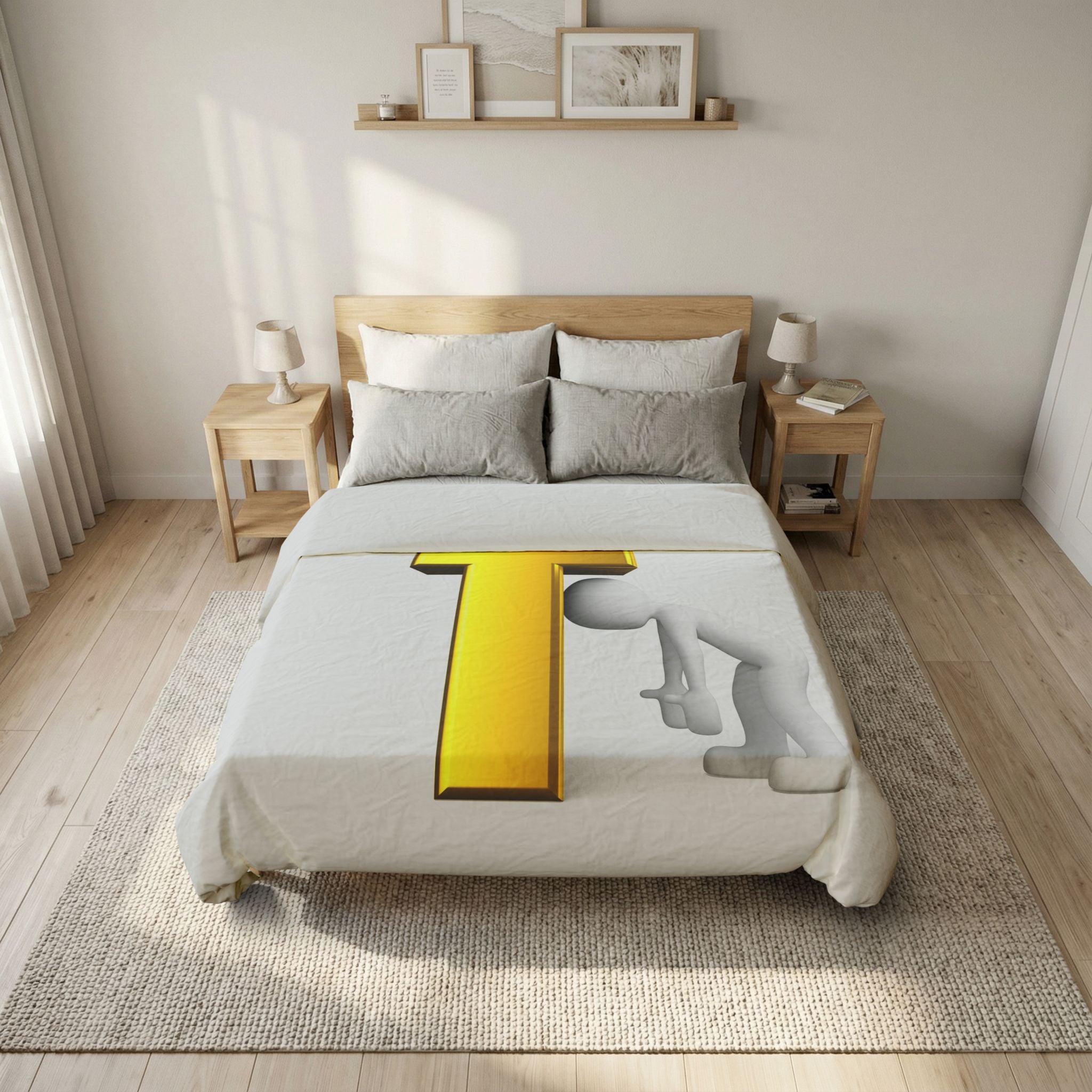 3D Gold Letter F with Figure Cotton Duvet Cover | Typography Bedding
