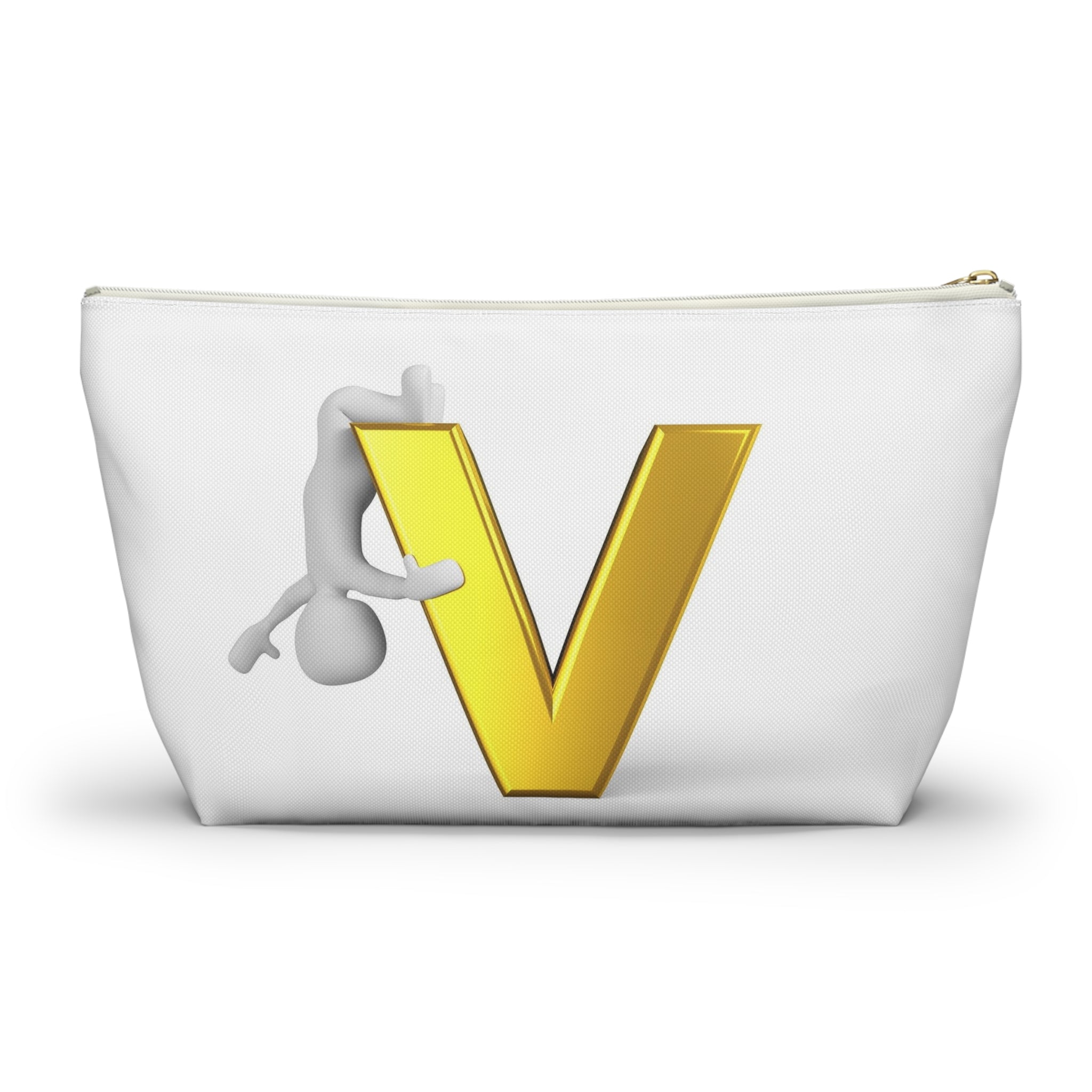 Gold Letter V with Hanging Stick Figure Accessory Pouch