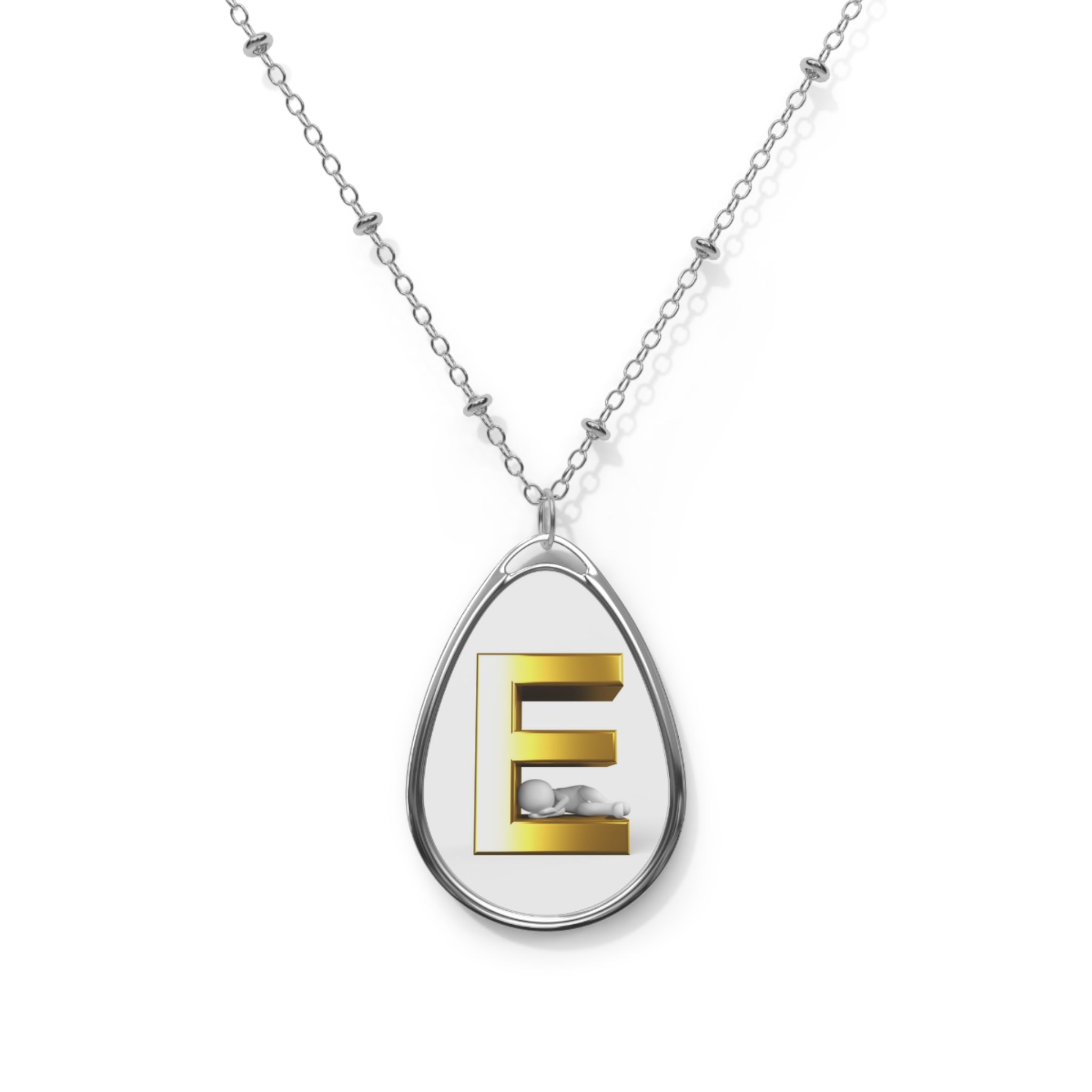 Personalized Oval Initial Necklace — Gold Letter E Pendant on Silver Teardrop