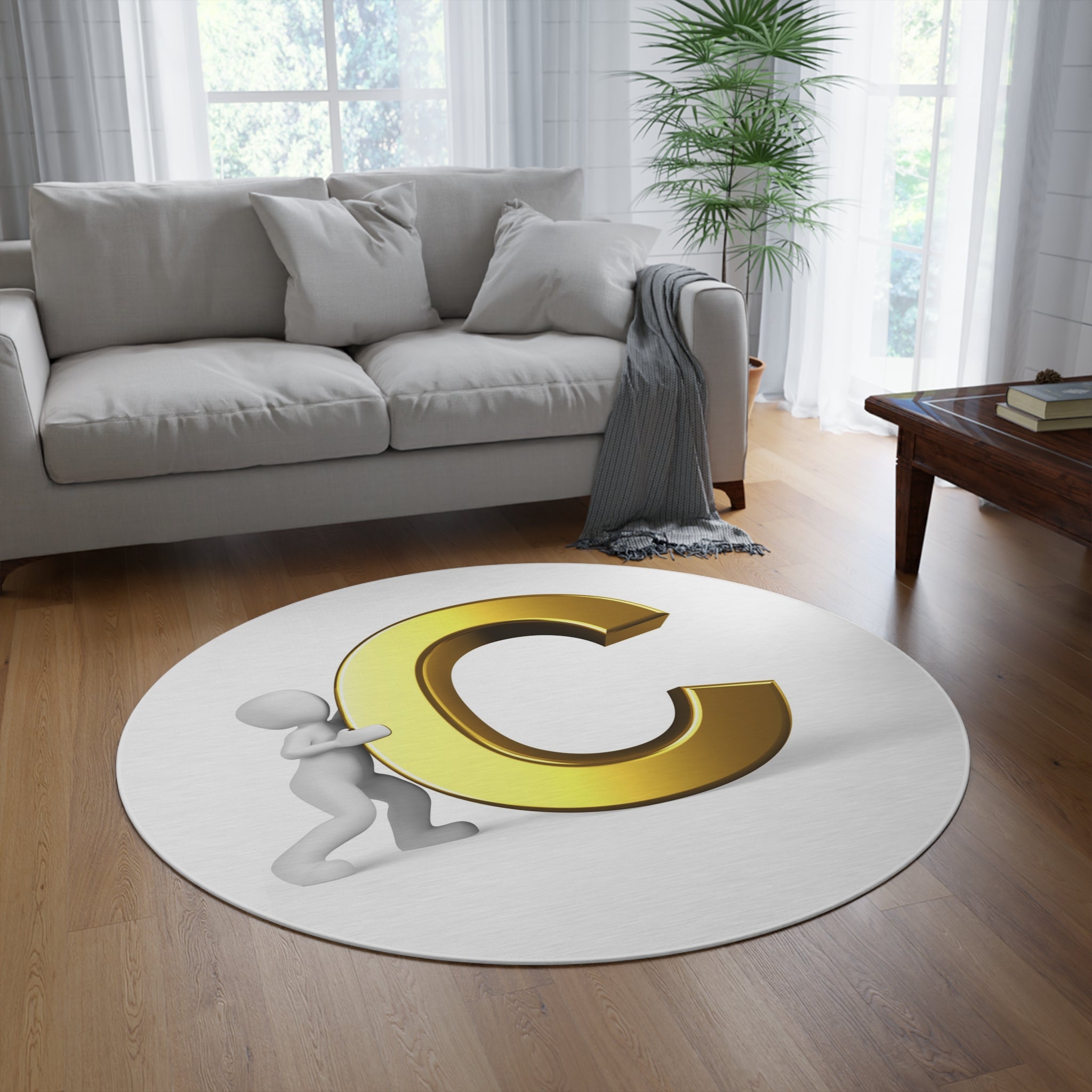 Gold Letter C with Figure Round Rug | Monogram Initial Decor