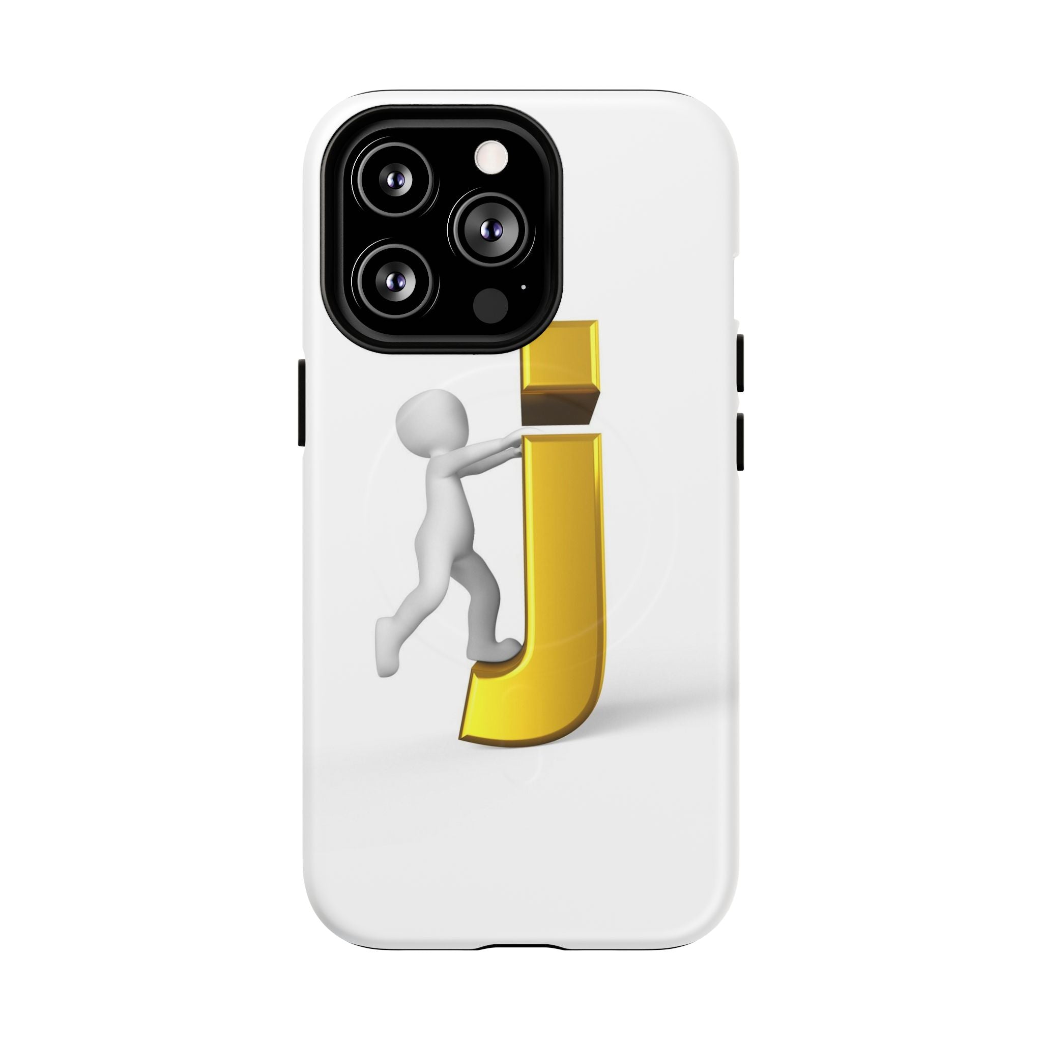 Coque de téléphone 3D Bonhomme allumette Poussant la lettre J dorée | Coque magnétique robuste