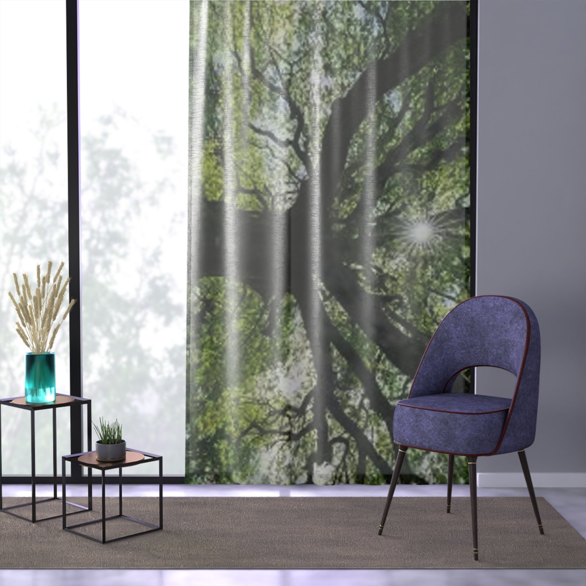 Sunlit Tree Canopy Window Curtain | Forest Branches Nature Print