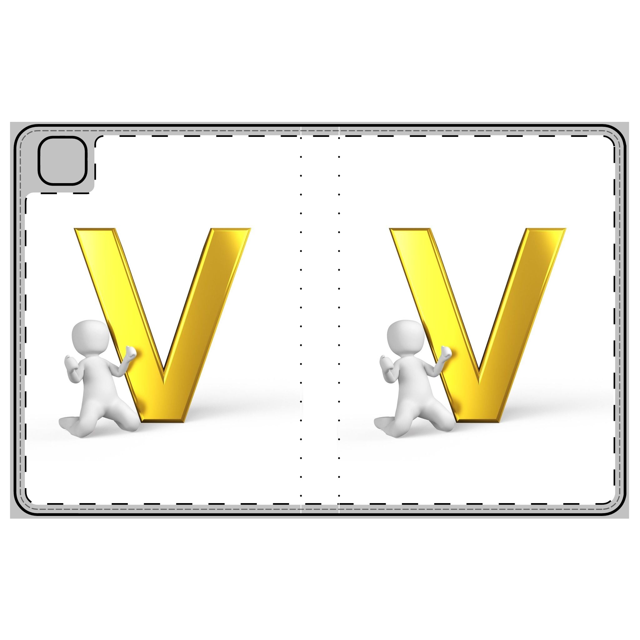 Étui de tablette folio avec lettre V dorée en 3D | Monogramme initiale V