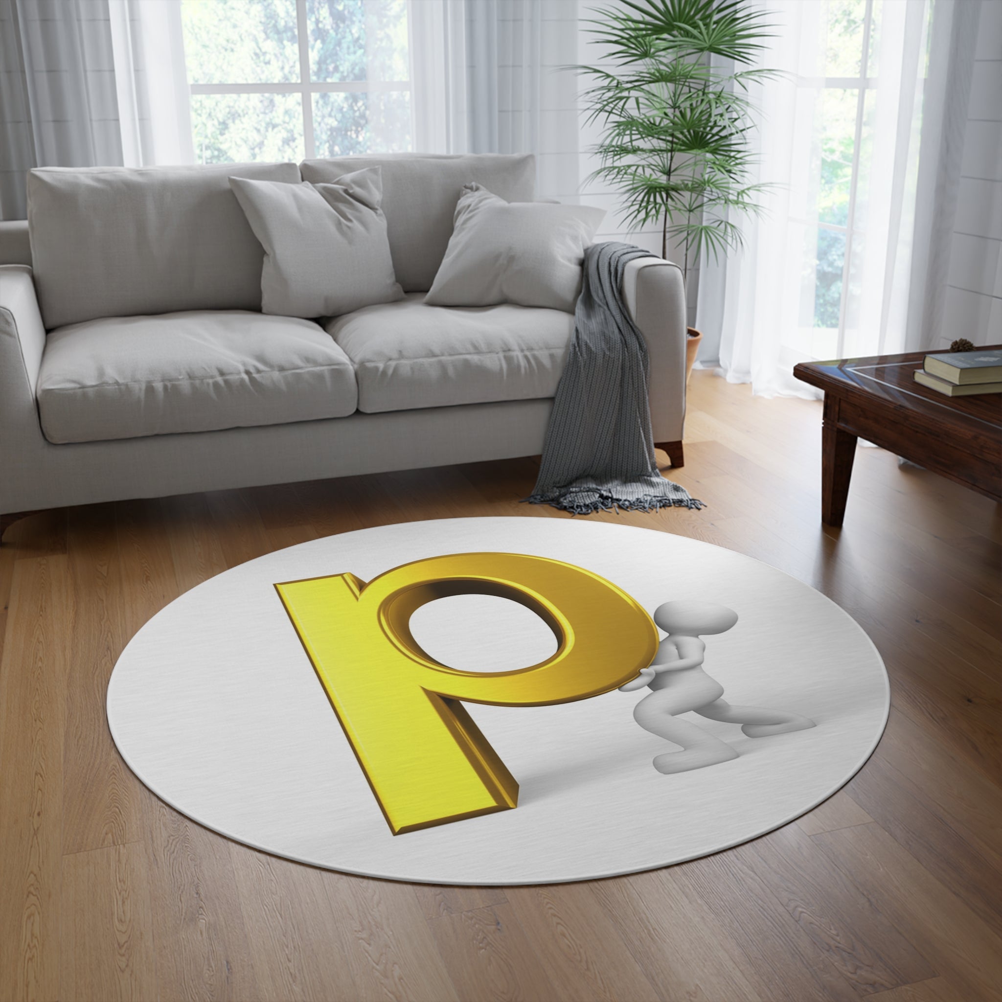 3D Gold Letter P Letter Round Rug | Alphabet Monogram Floor Mat