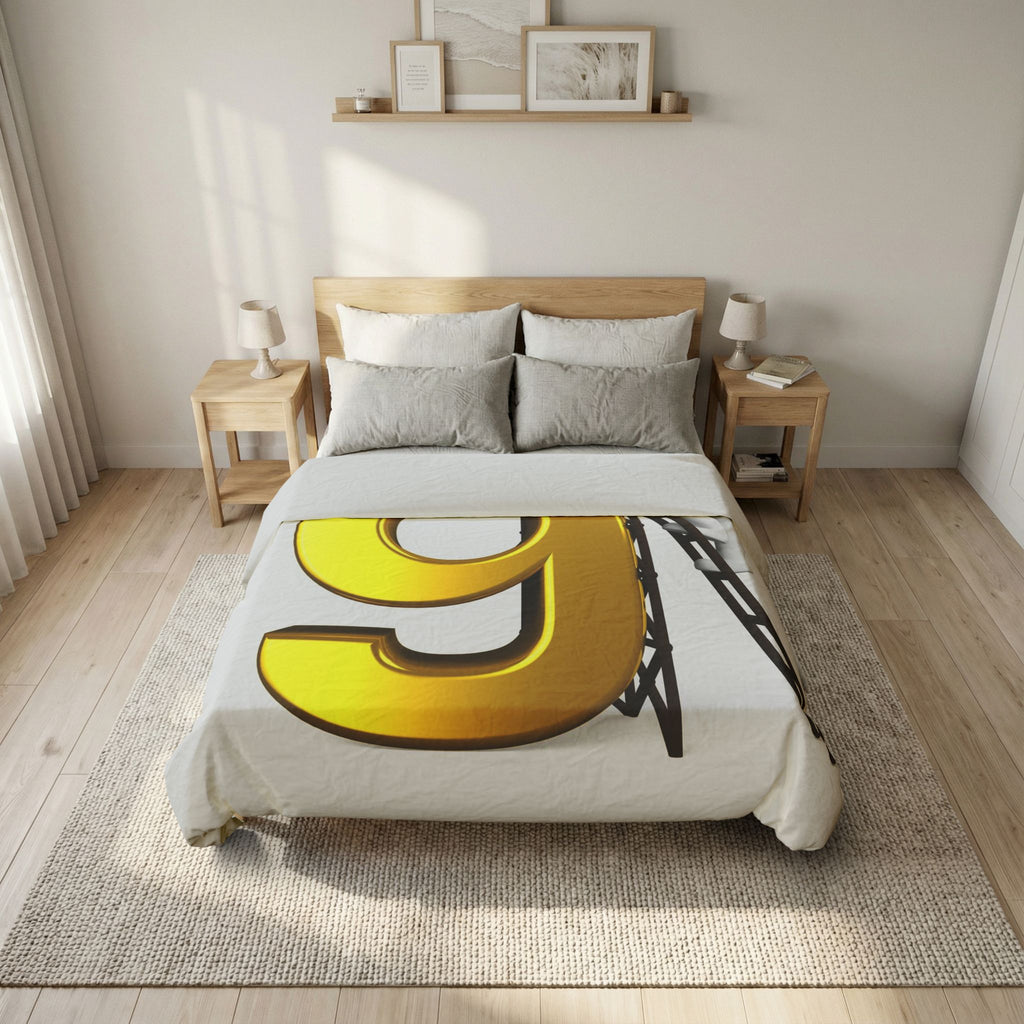 Golden Letter g with Worker Illustration Duvet Cover | Typography Bedding