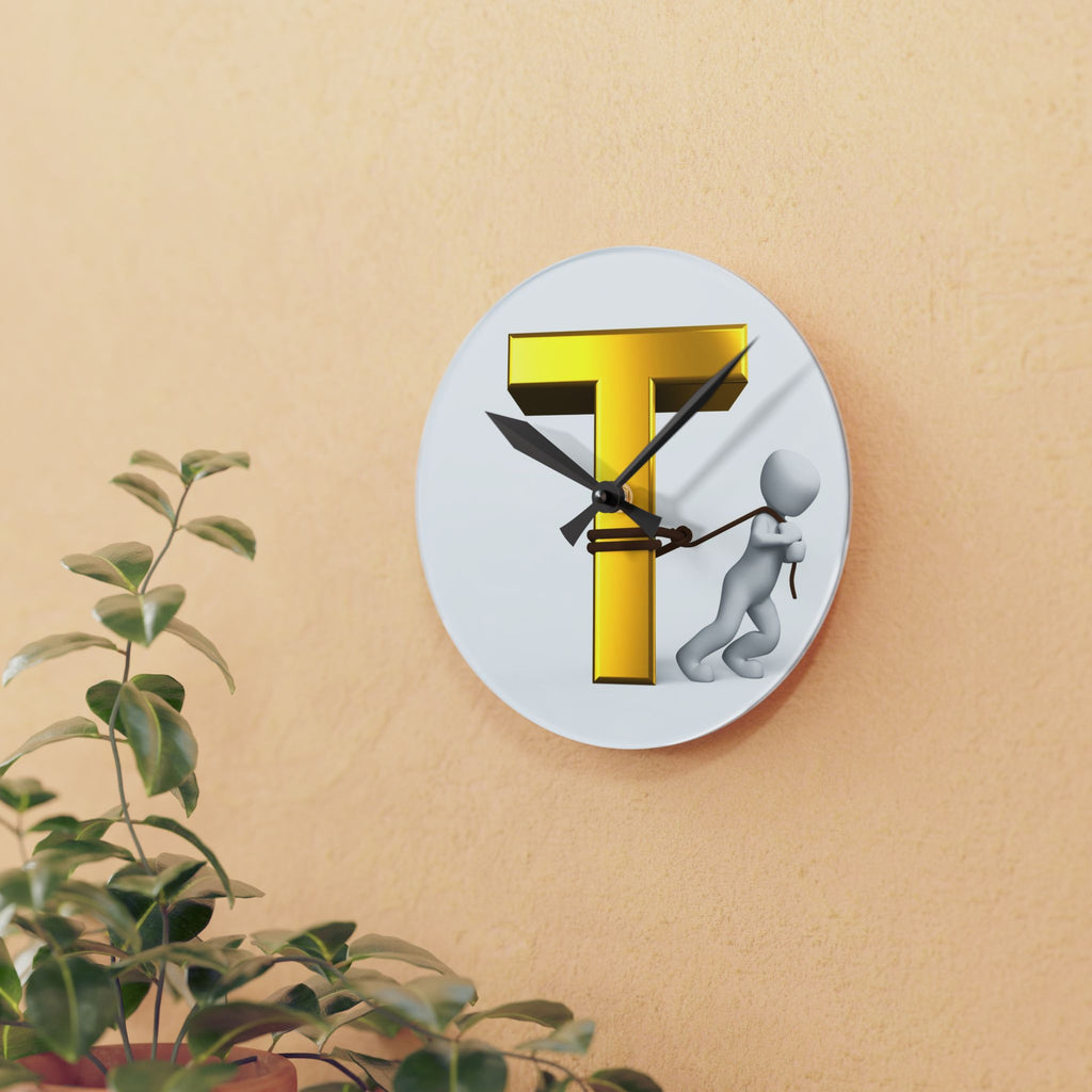 Gold Letter T with Figure Acrylic Wall Clock | Initial T Décor