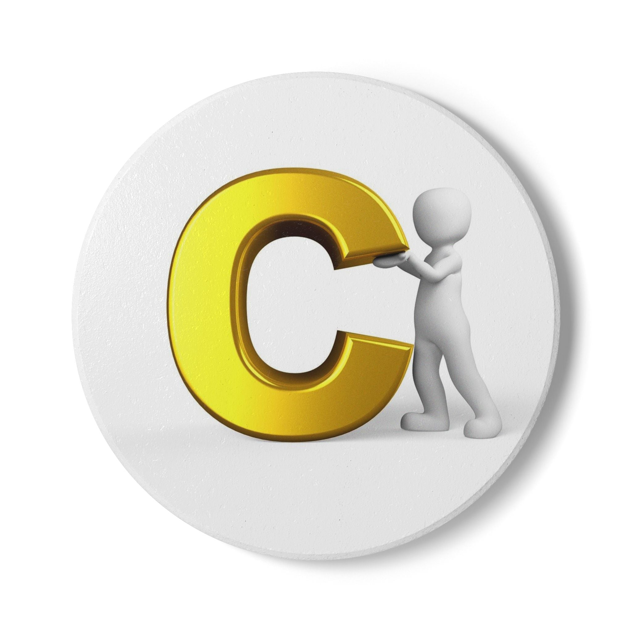 Gold Letter C with 3D Figure Ceramic Coaster | Monogram Initial C