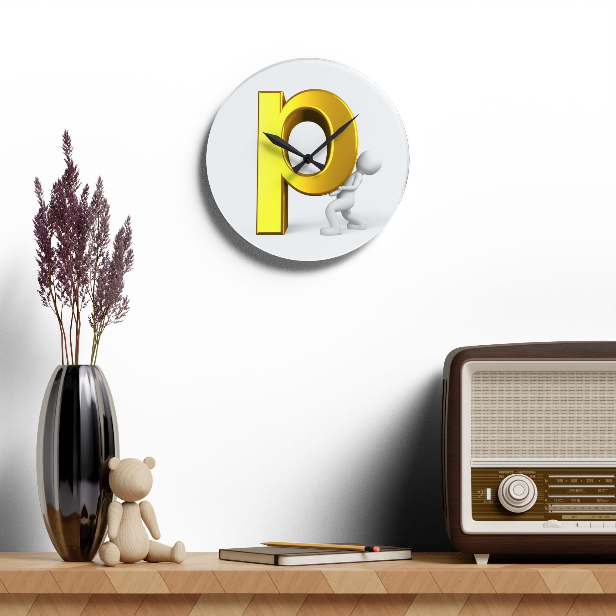 3D Gold Letter P with Figure Acrylic Wall Clock | Modern Alphabet Decor