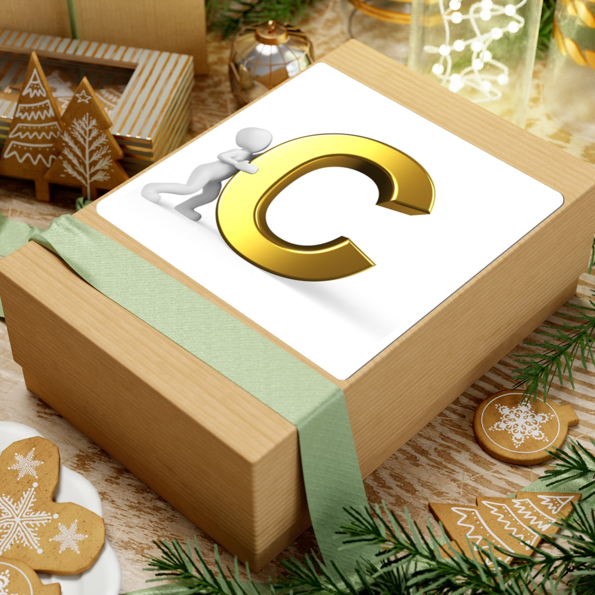 3D Gold Letter C with Pushing Figure Sticker | Kiss-Cut Sticker