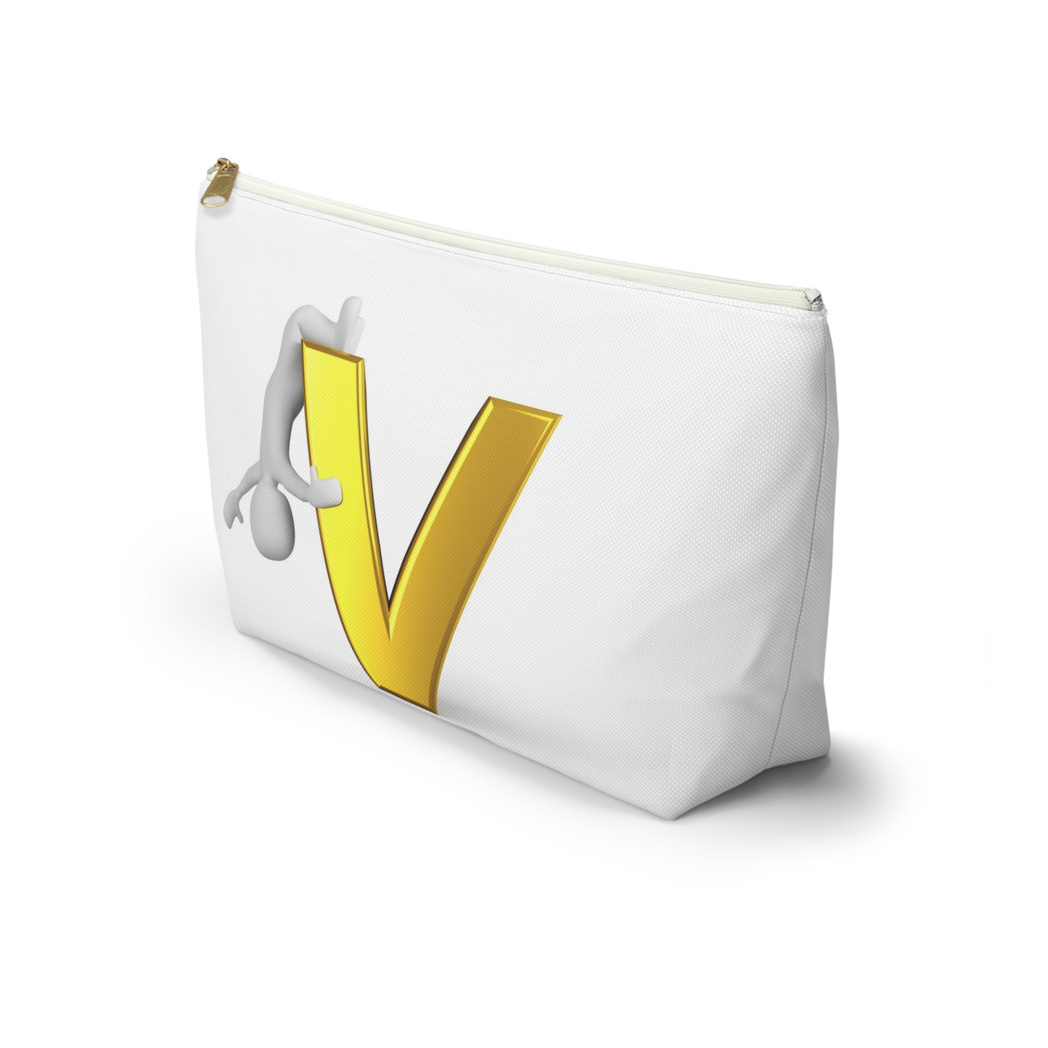 Gold Letter V with Hanging Stick Figure Accessory Pouch