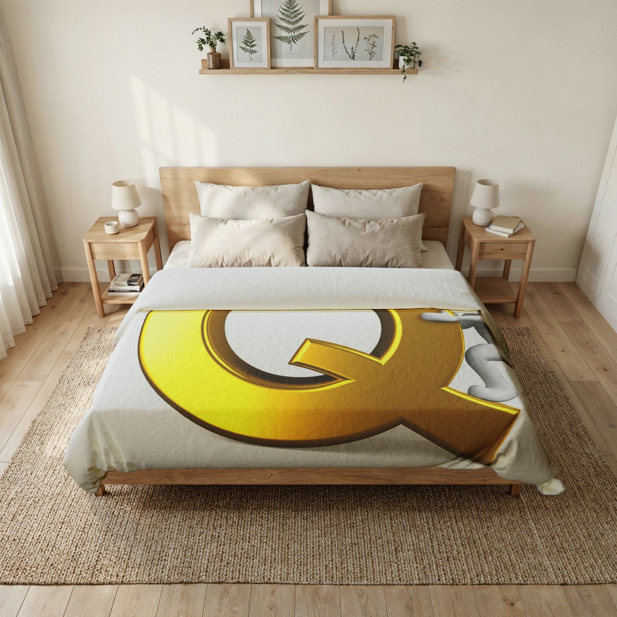 Gold Letter Q with Climbing Figure Cotton Duvet Cover | Monogram Initial Bedding