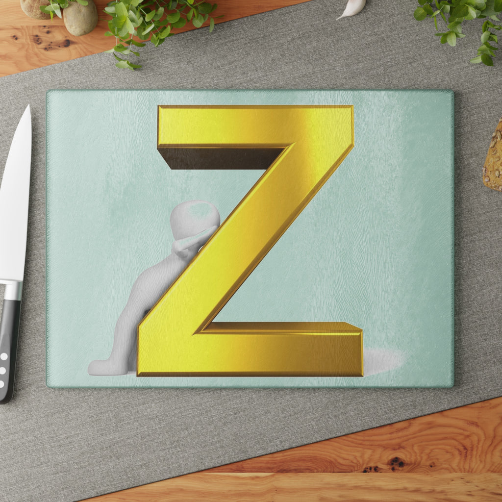 Gold Letter Z with Figure Glass Cutting Board | Monogram Initial Kitchen Decor