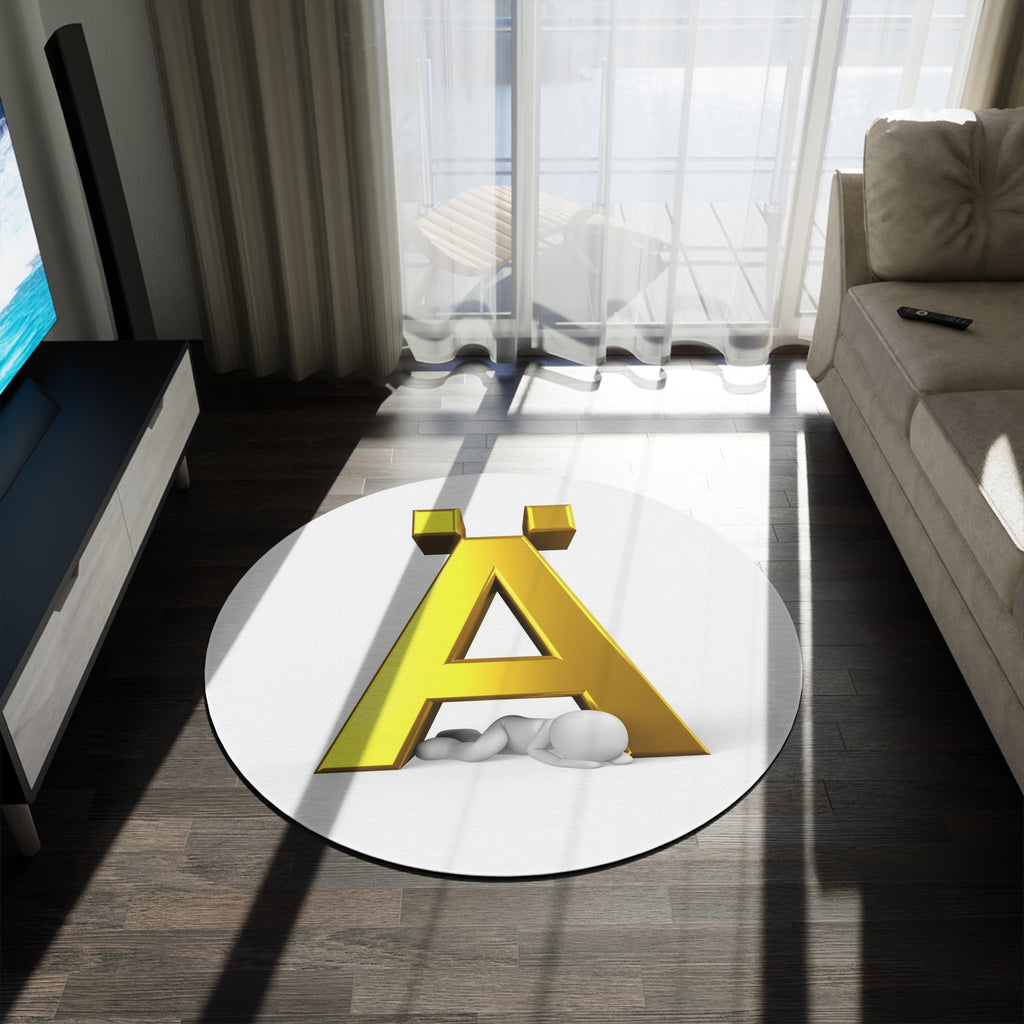Golden Letter Ä with Falling Figure Round Rug | Alphabet Decor