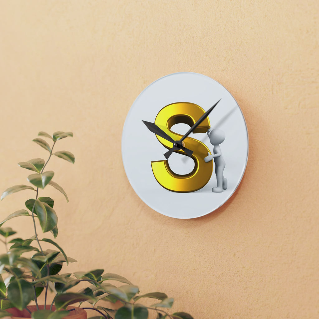 Gold Letter S with Figure Acrylic Wall Clock | Monogram Initial Decor
