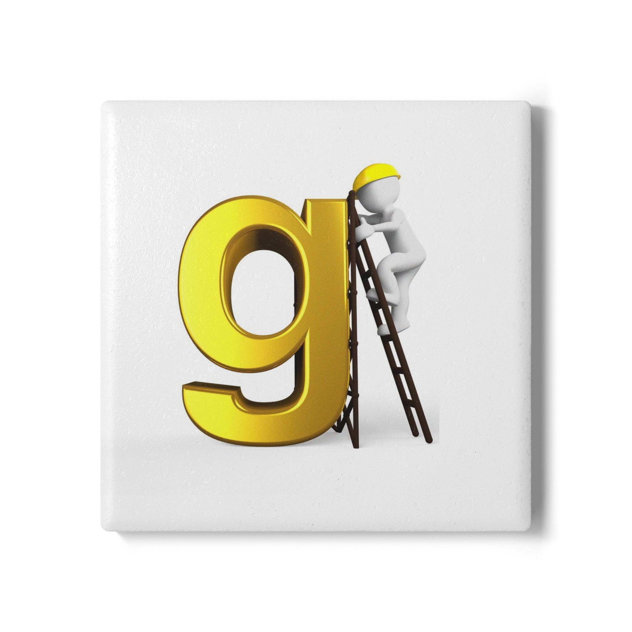 Golden Letter G with Worker Ladder Ceramic Coaster | Initial Monogram Coaster