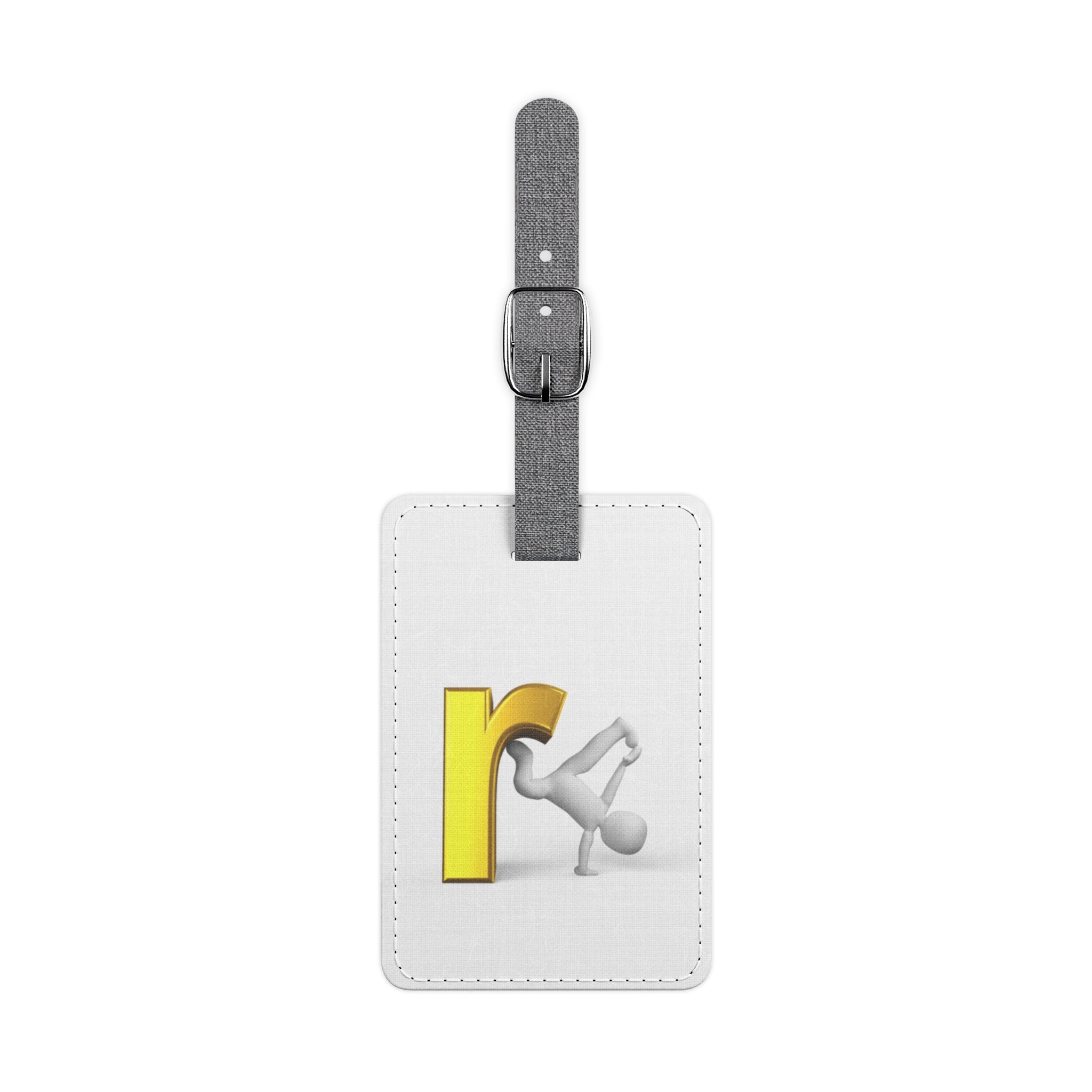 Yellow Lowercase 'r' Falling Stick Figure luggage tag | Saffiano polyester rectangle