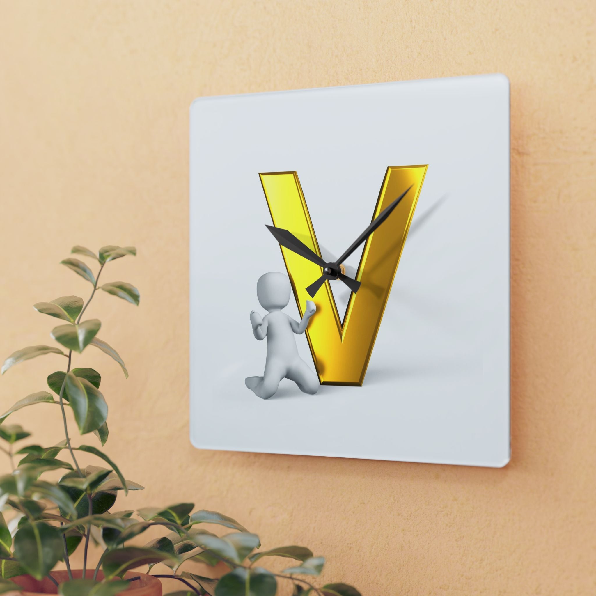 Gold Letter V with 3D Figure Acrylic Wall Clock | Modern Initial Decor