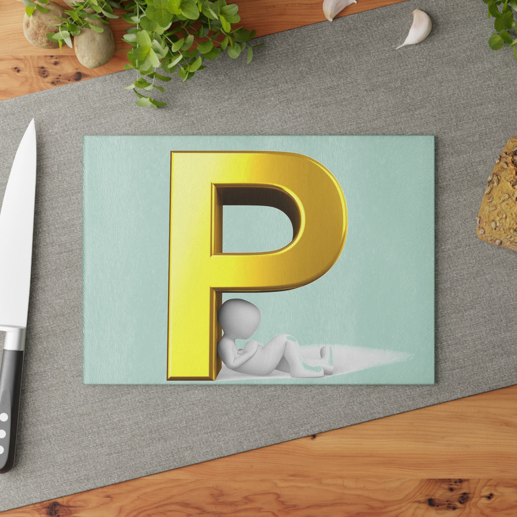 Gold Letter P with Relaxing Figure Glass Cutting Board | Monogram Kitchen Décor