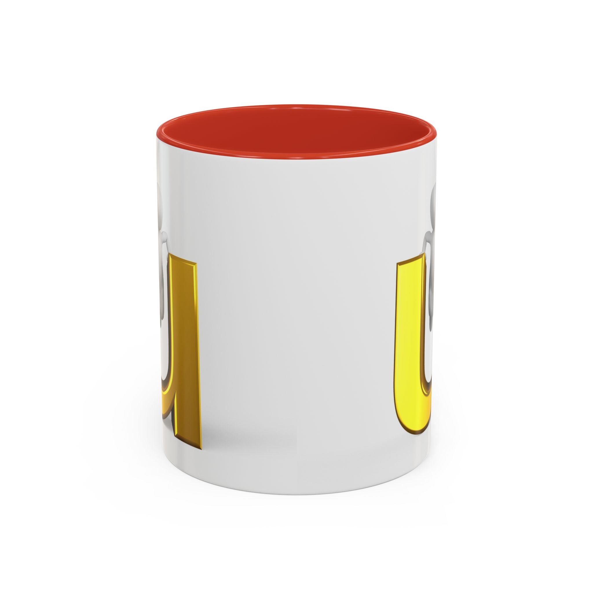 Mug de café accentué avec une personne 3D accrochée à la lettre U en or