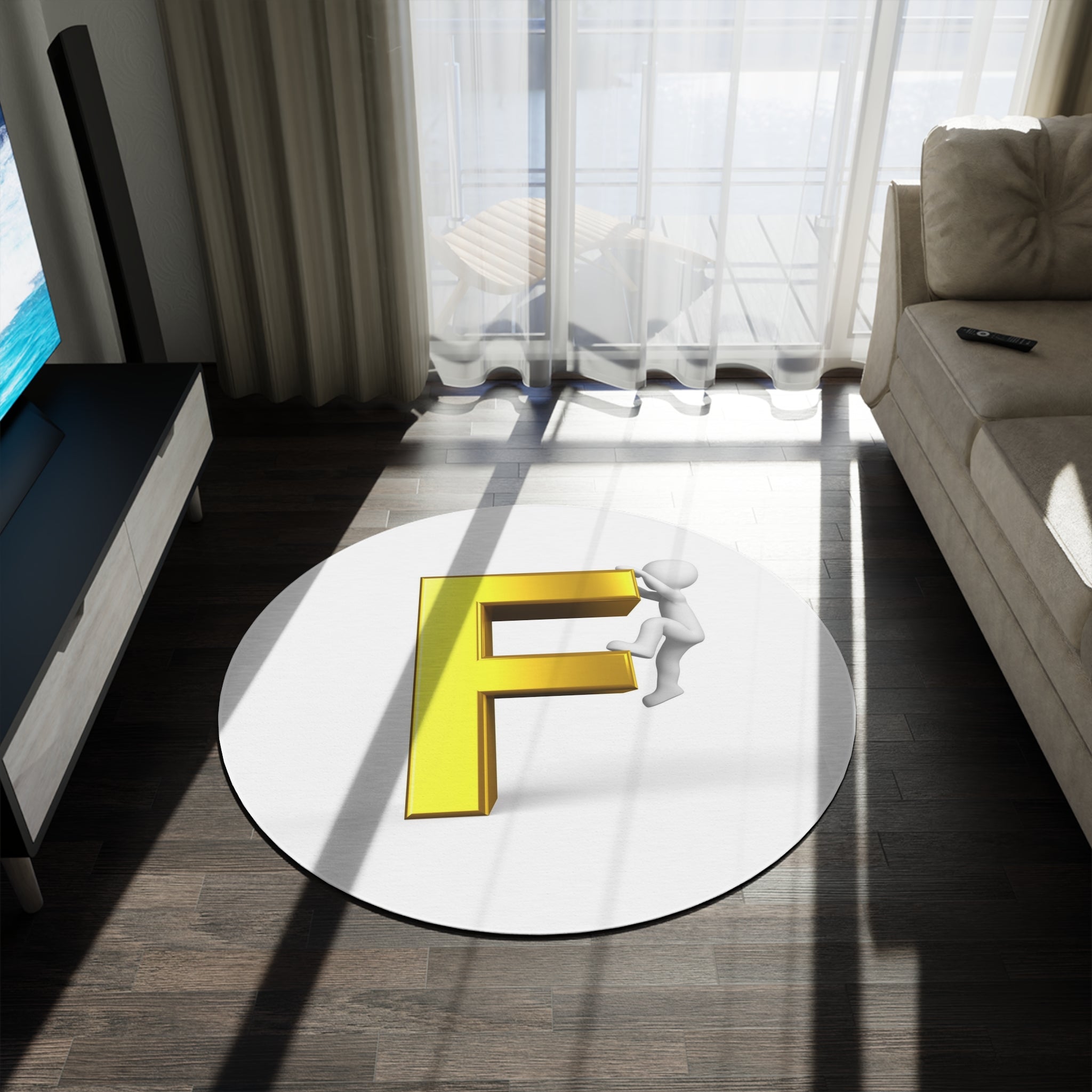 Stick Figure Climber on Gold Letter F Round Rug | Monogram Initial Decor