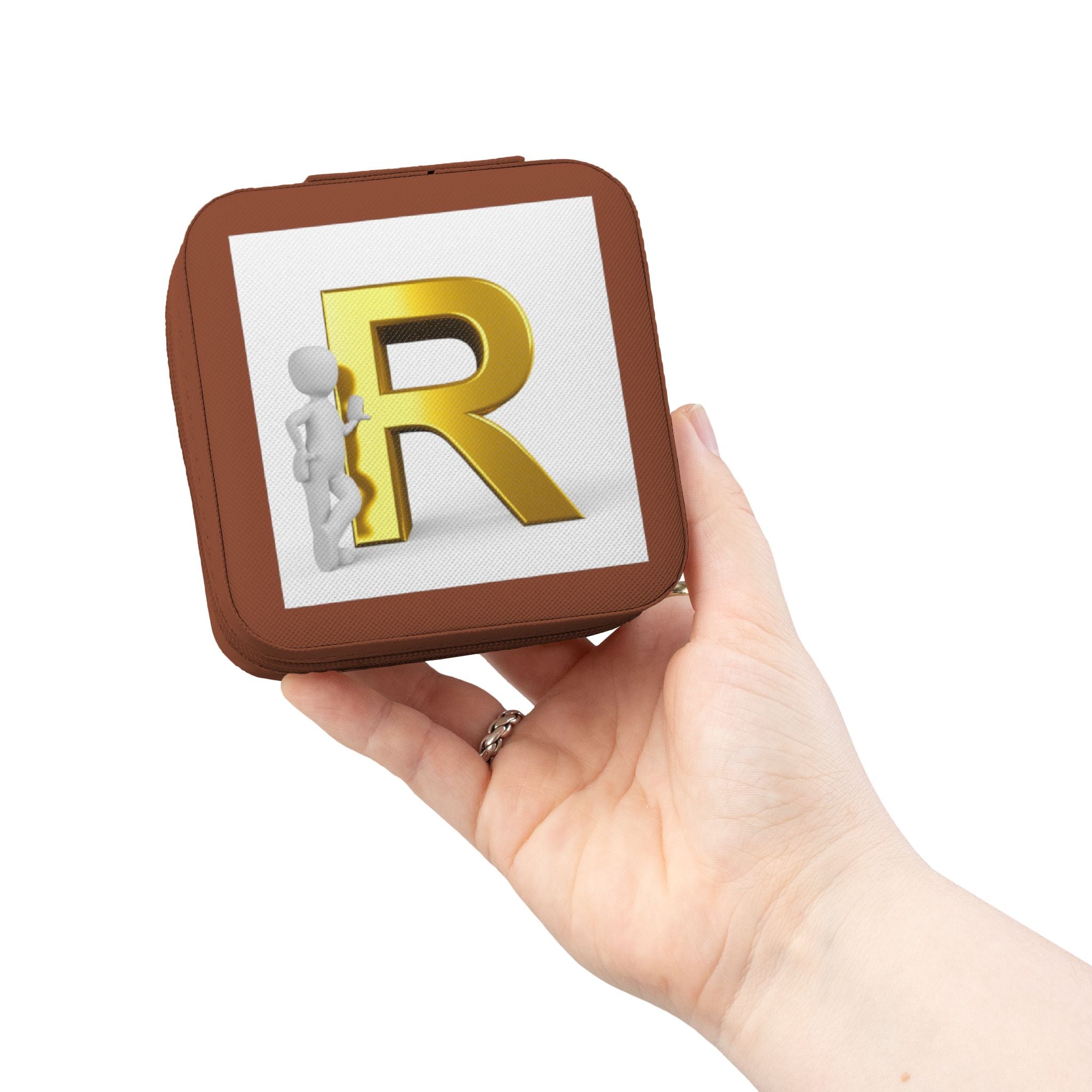 Étui de voyage compact rose pour bijoux | Monogramme initial R doré