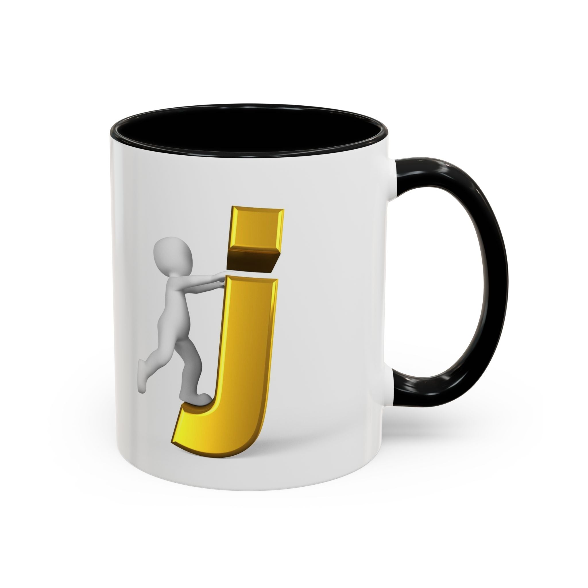Tasse avec figurine 3D bâton poussant la lettre J dorée | Tasse à café