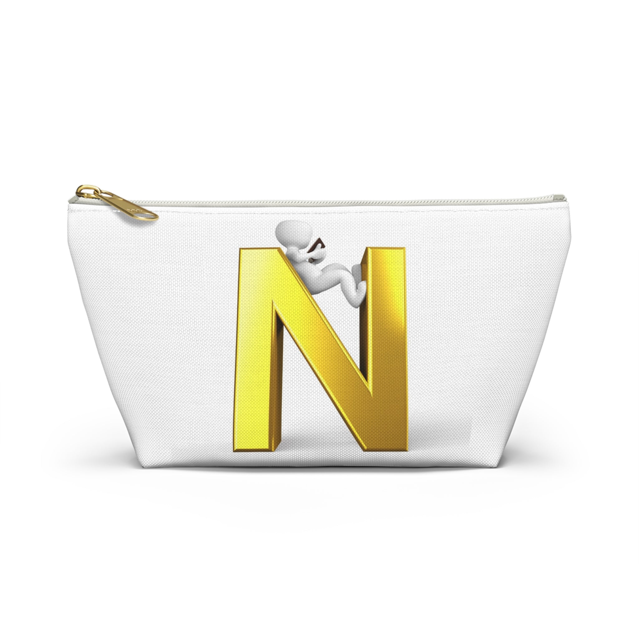 Gold Letter N with Climbing Figure Accessory Pouch | Monogram Makeup Bag