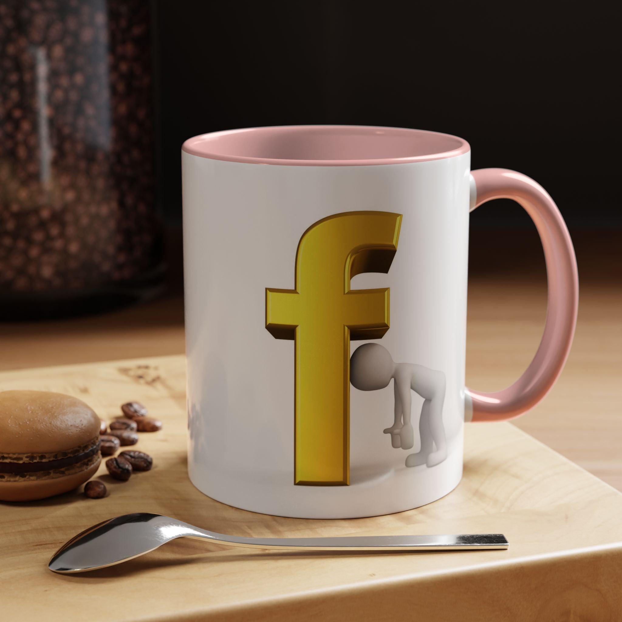 3D Tiny Figure Leaning on Gold Letter F Mug | Accent Coffee Mug