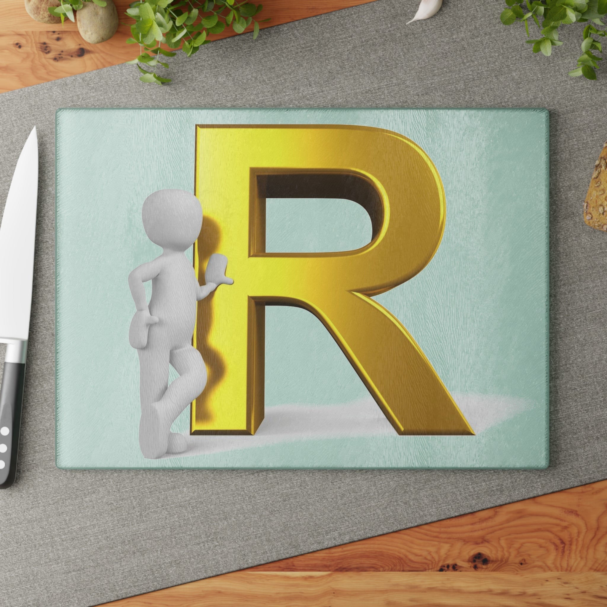 Gold Letter R with 3D Figure Glass Cutting Board | Monogram Initial R