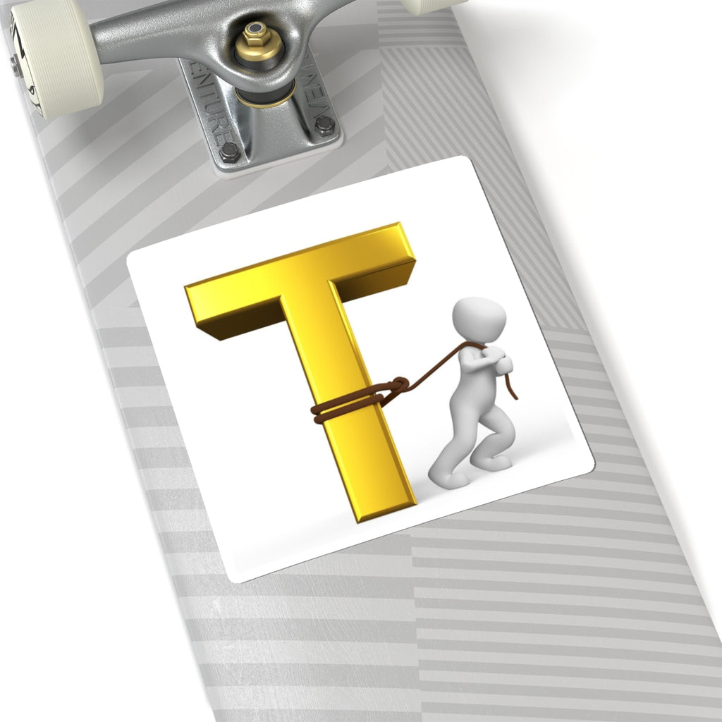 Man Pulling Gold Letter T sticker | Alphabet Initial Vinyl Kiss-Cut