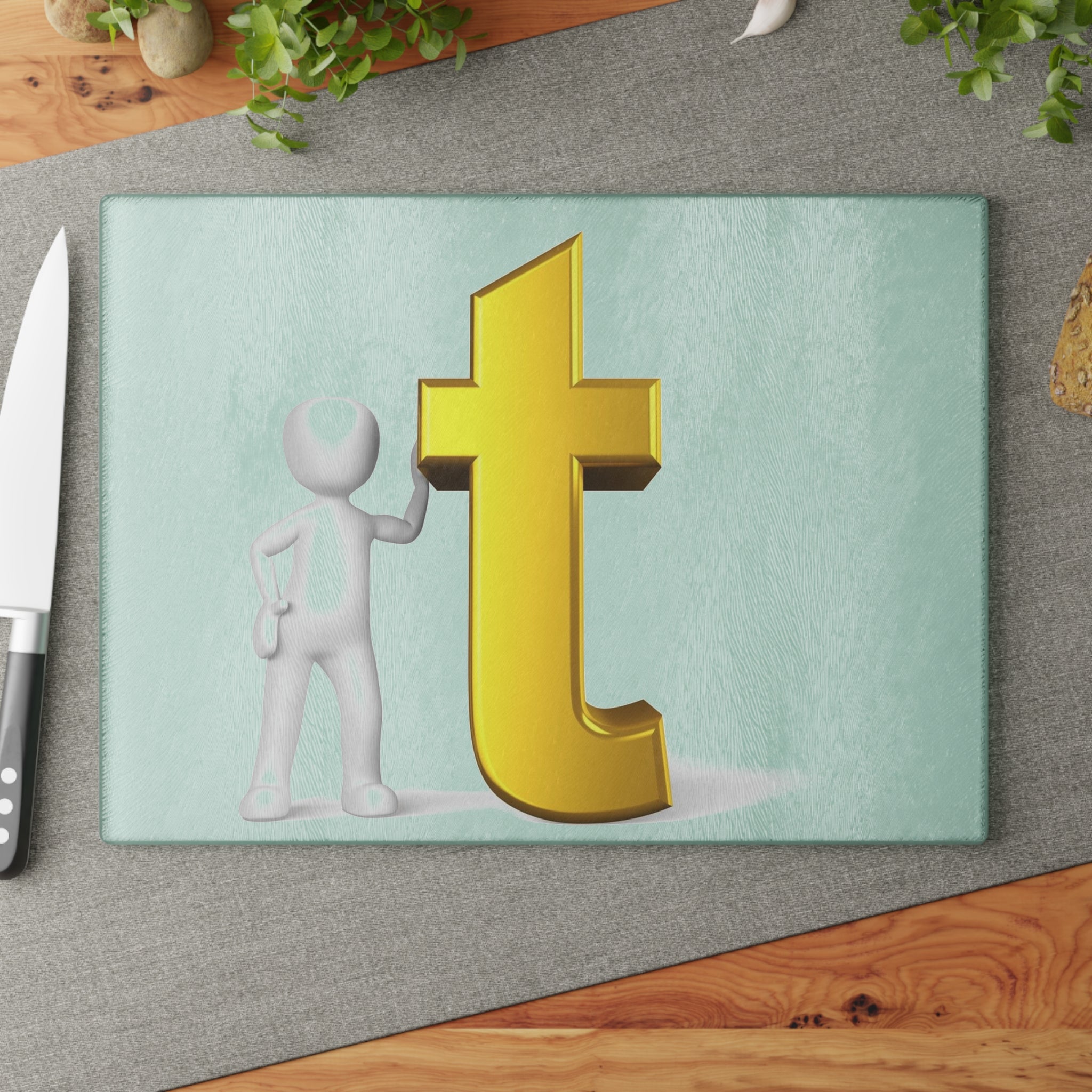 Gold Letter T Figurine Glass Cutting Board | Decorative Kitchen Board