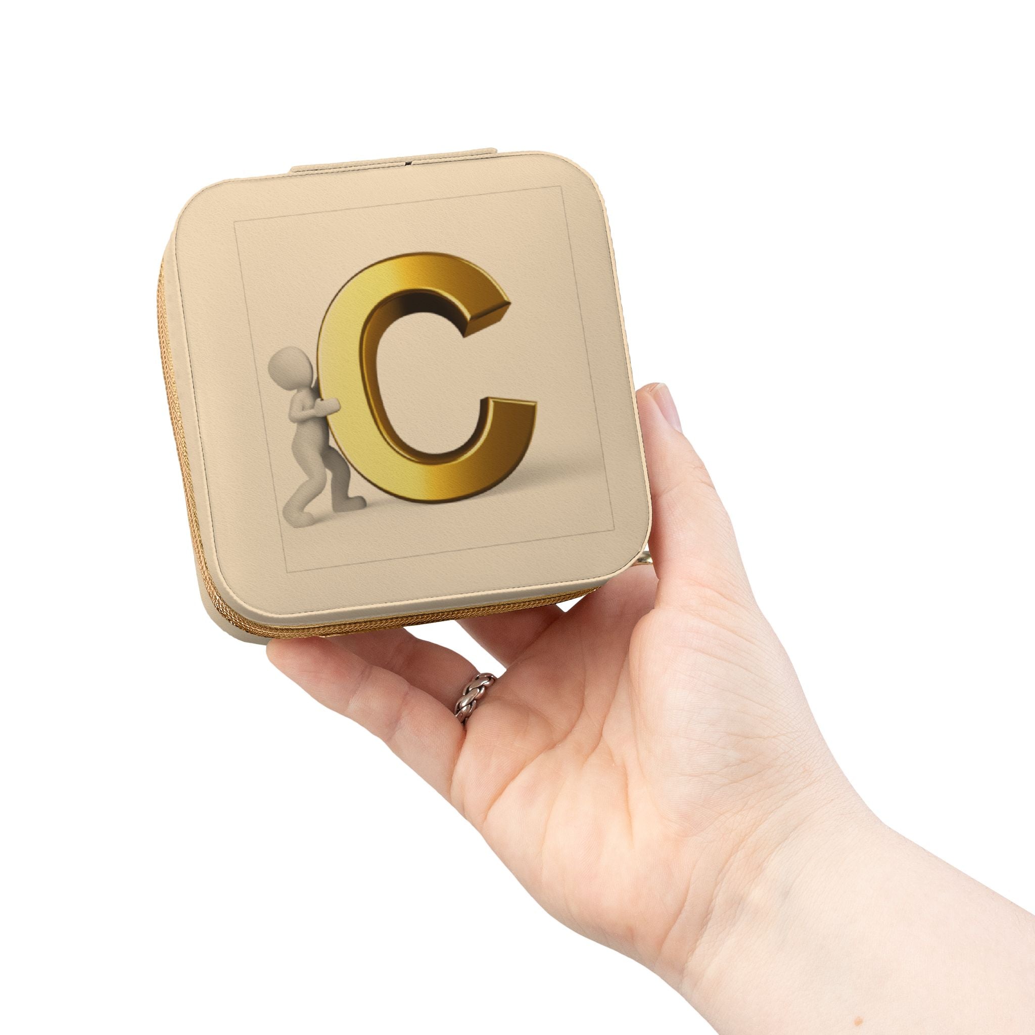 Étui de voyage compact rose pour bijoux avec monogramme C doré | Organisateur de bijoux