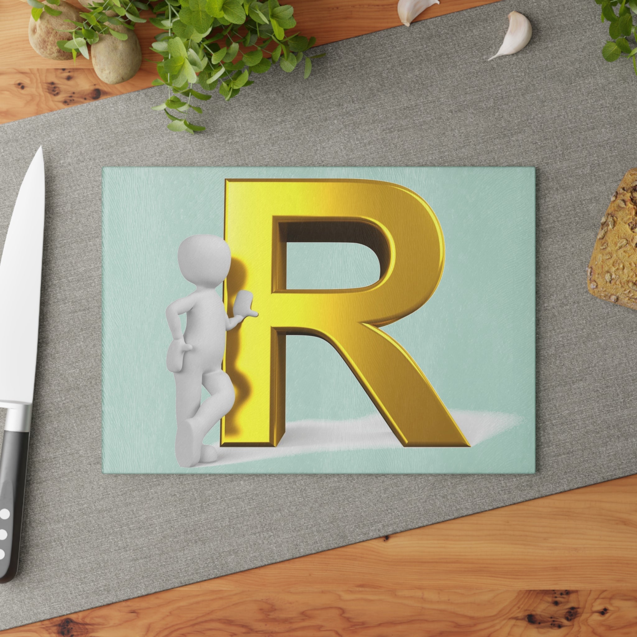 Gold Letter R with 3D Figure Glass Cutting Board | Monogram Initial R