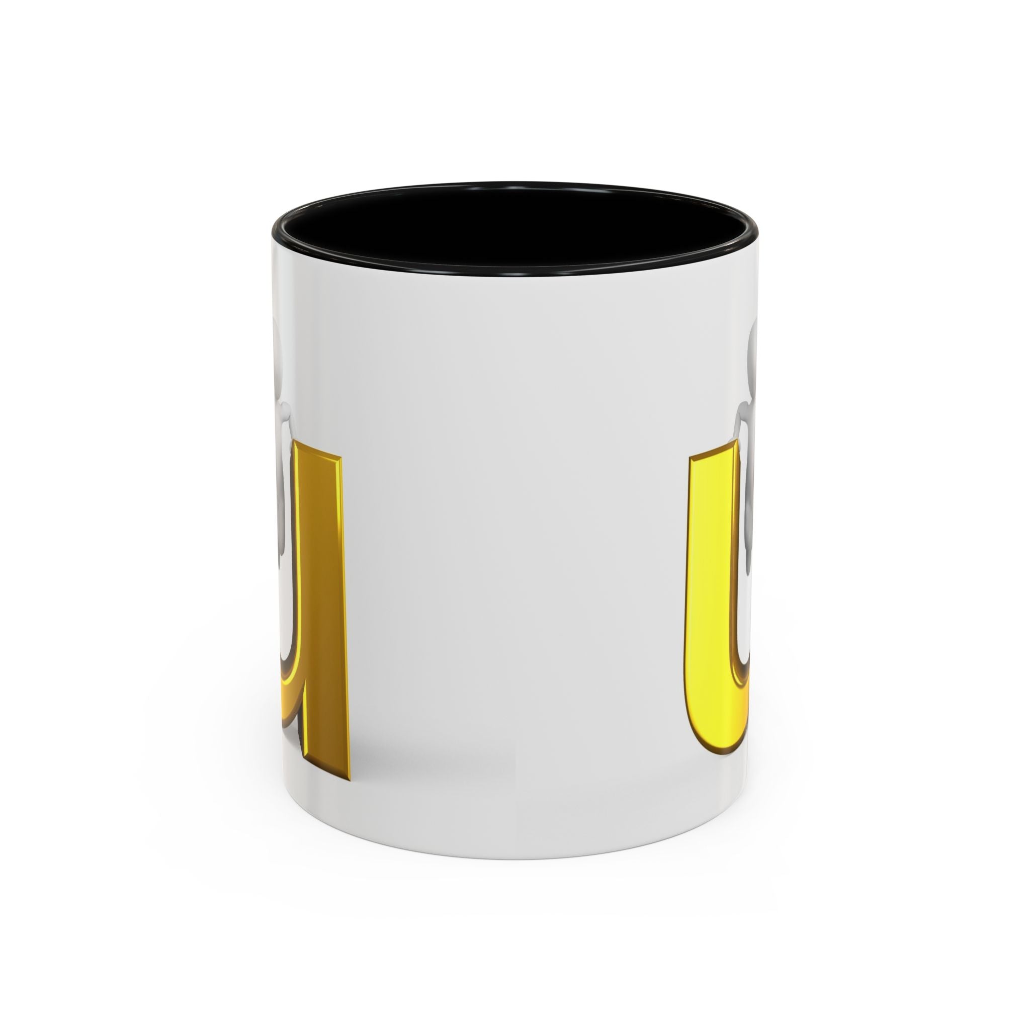 Mug de café accentué avec une personne 3D accrochée à la lettre U en or