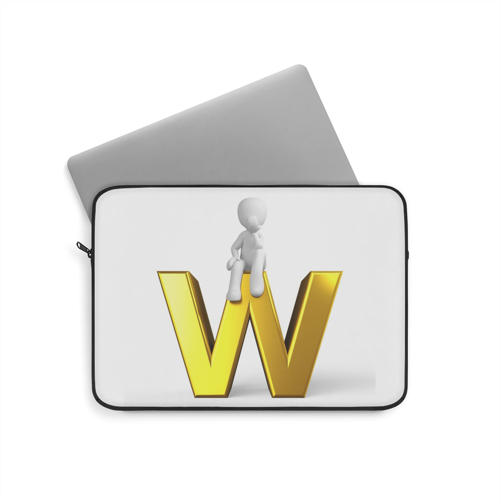3D Stick Figure Sitting on Gold Letter W Laptop Sleeve | Monogram Initial W