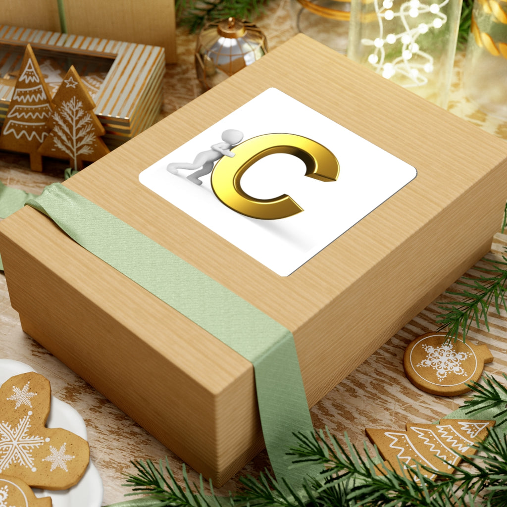 3D Gold Letter C with Pushing Figure Sticker | Kiss-Cut Sticker