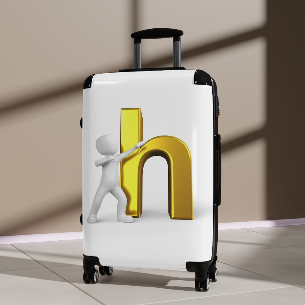 3D Person Standing Beside Gold Letter h Suitcase | Personalized Luggage Case