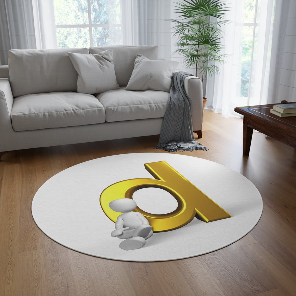 Golden Letter D with Sitting Figurine Round Rug | Monogram Initial Home Decor