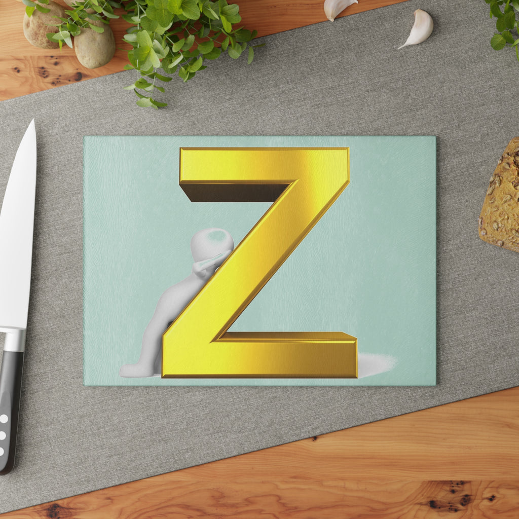 Gold Letter Z with Figure Glass Cutting Board | Monogram Initial Kitchen Decor