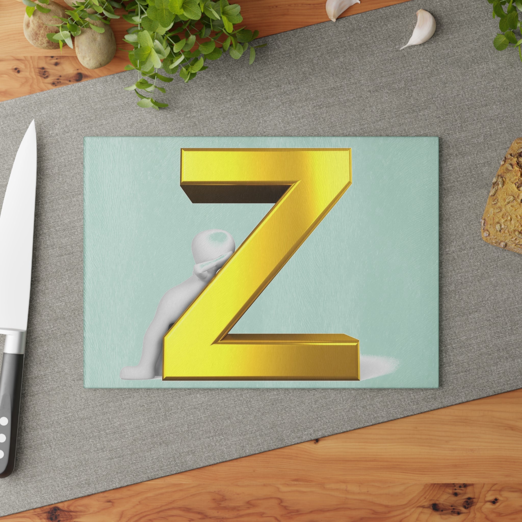 Gold Letter Z with Figure Glass Cutting Board | Monogram Initial Kitchen Decor