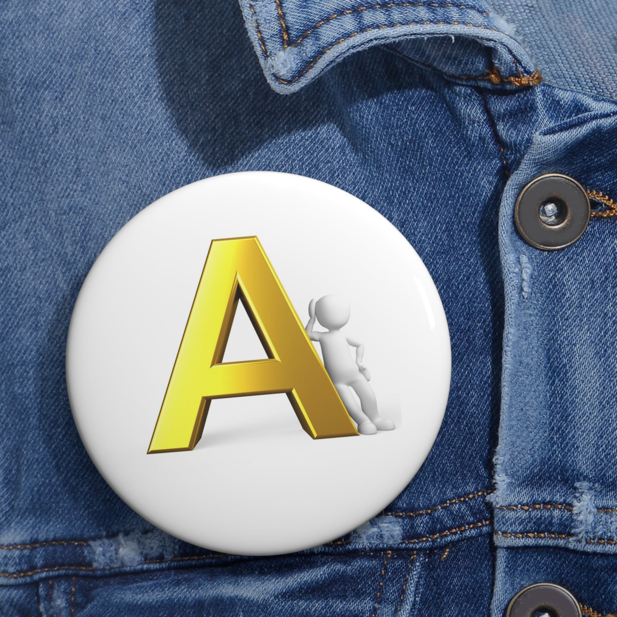Yellow 3D Letter A Pin Button | Initial Monogram Badge