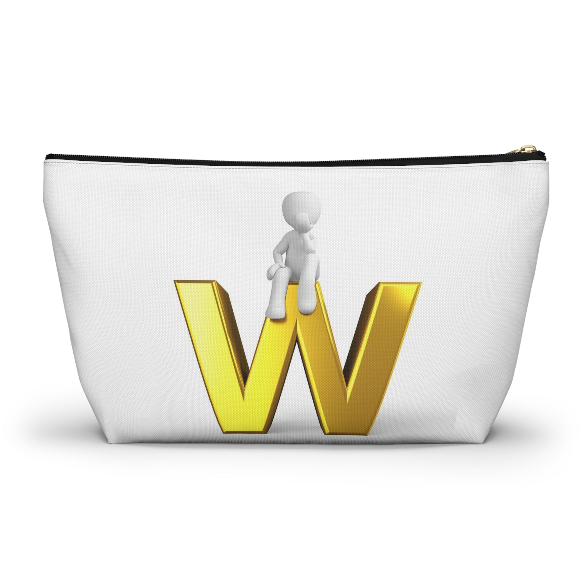 Gold Letter W with Sitting Figure Accessory Pouch | Initial Makeup Bag