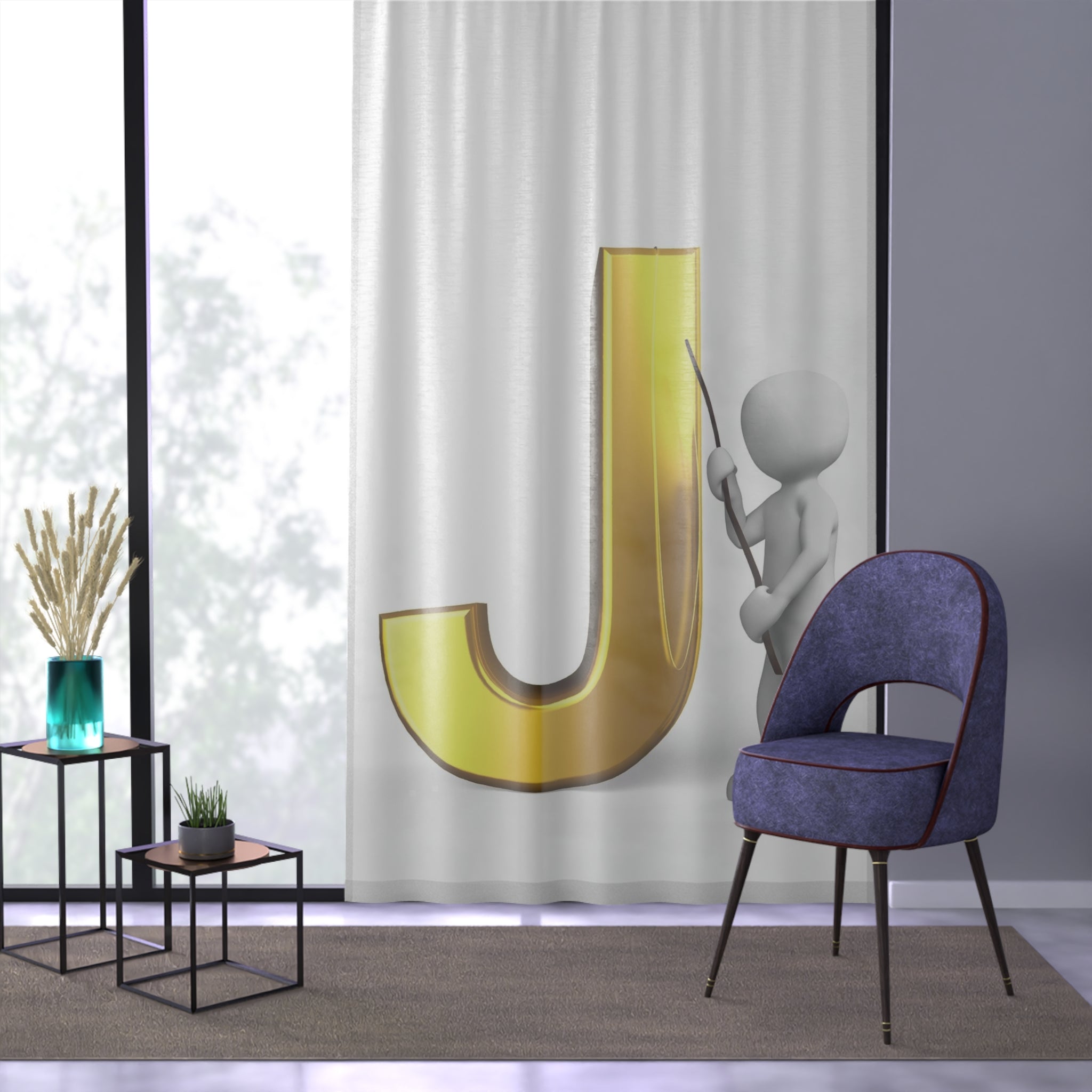 Gold Letter J with Stick Figure Window Curtain | Monogram Initial Curtain