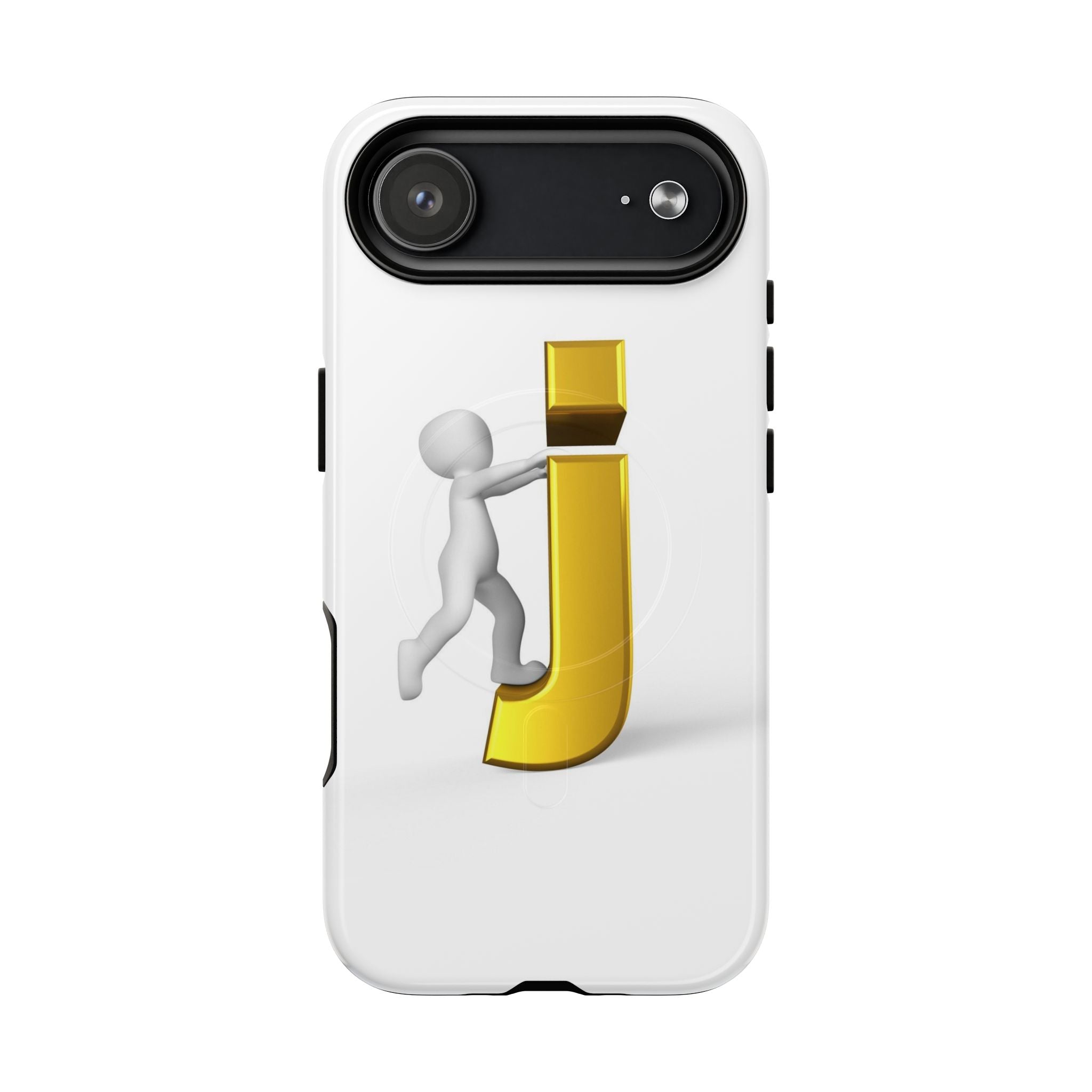 Coque de téléphone 3D Bonhomme allumette Poussant la lettre J dorée | Coque magnétique robuste