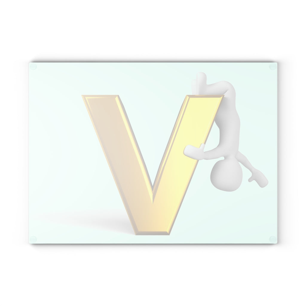 Gold Letter V with Hanging Figure Glass Cutting Board | Monogram Initial V