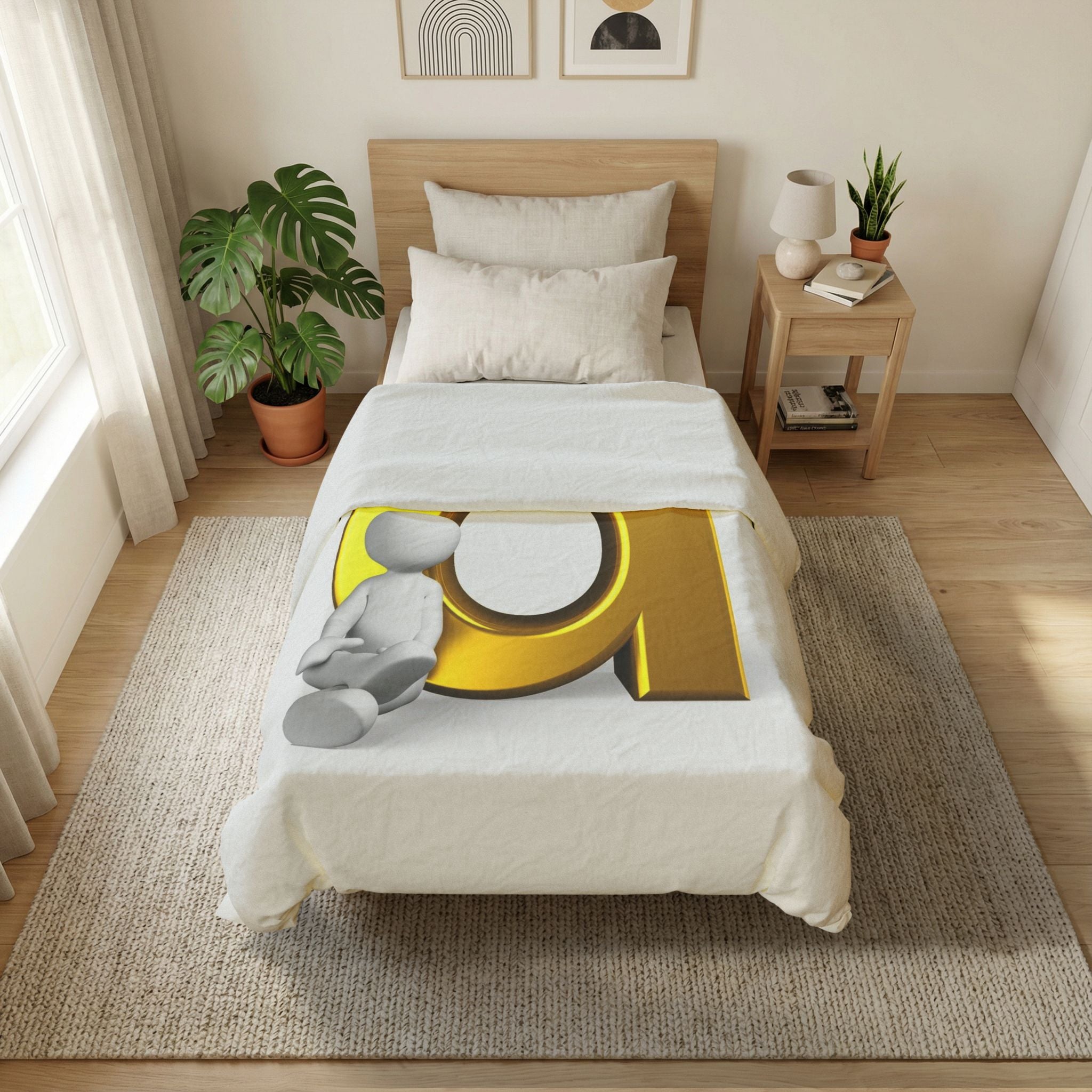Gold Letter d with Sitting Figure Cotton Duvet Cover