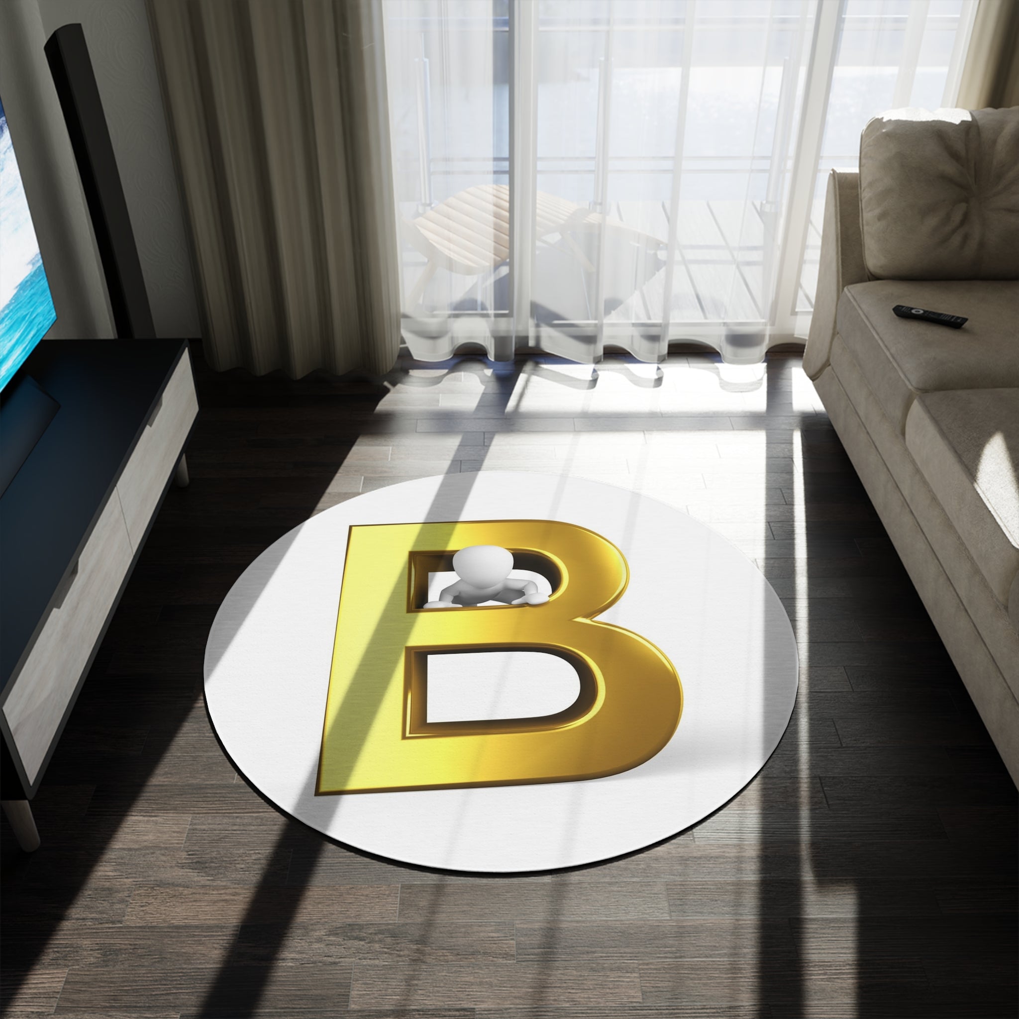 Gold Letter B with 3D Figure Round Rug | Monogram Initial Home Decor